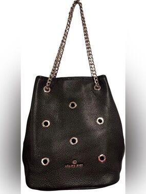 Celine Dion Black Pebbled Bucket Tote Silver Chain Grommet Shoulder Bag